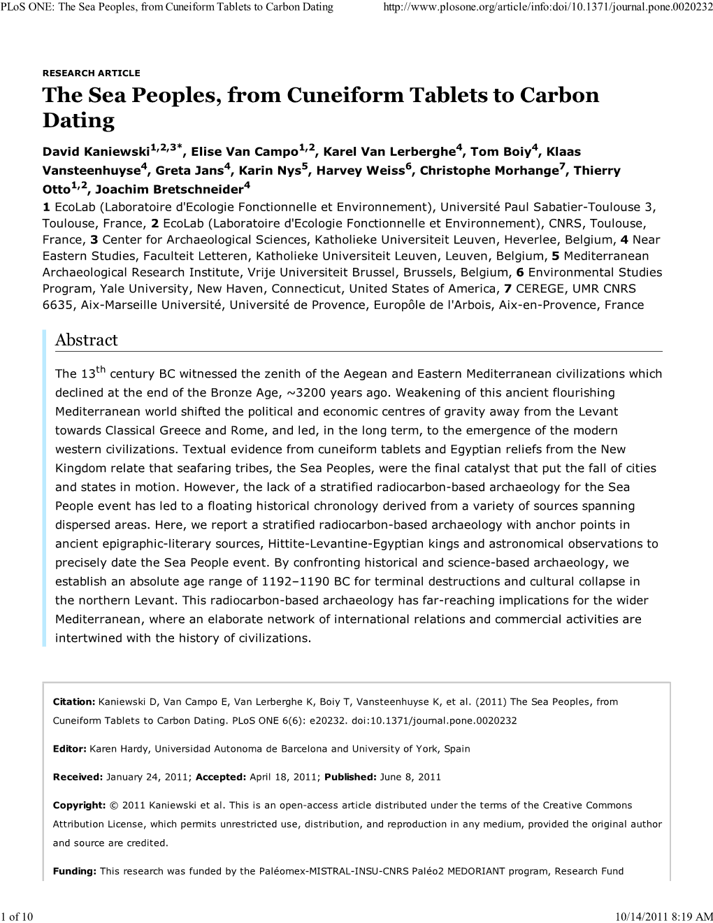 Plos ONE: the Sea Peoples, from Cuneiform Tablets to Carbon Dating