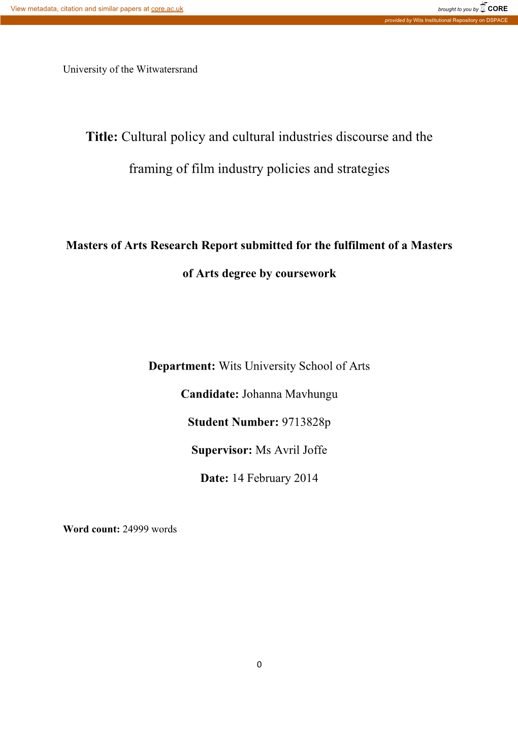 Title: Cultural Policy and Cultural Industries Discourse and The