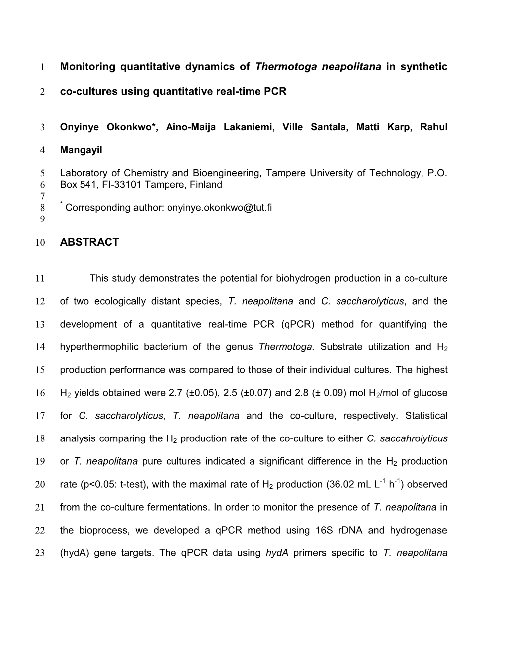 Monitoring Quantitative Dynamics of Thermotoga Neapolitana in Synthetic