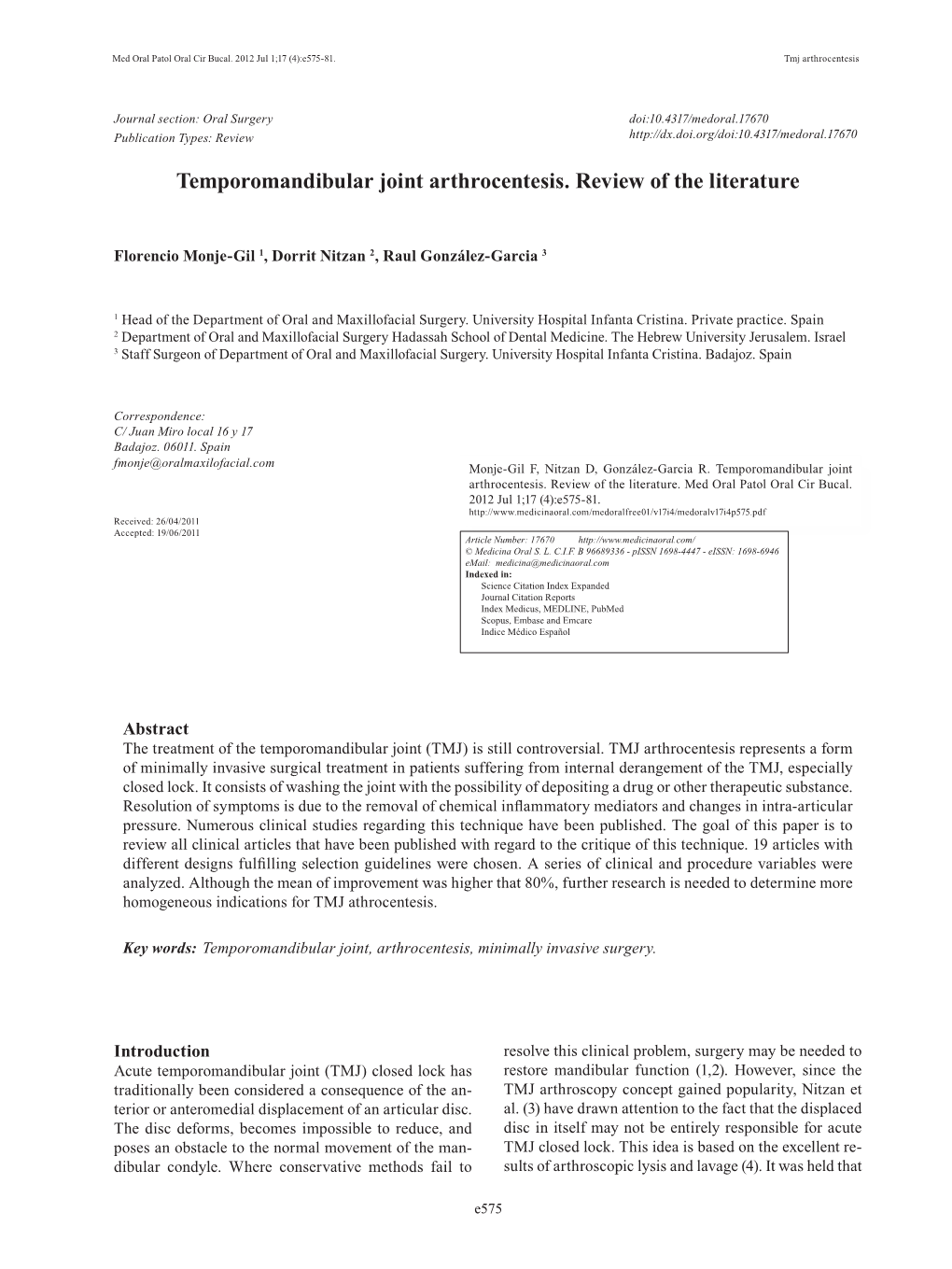 Temporomandibular Joint Arthrocentesis. Review of the Literature