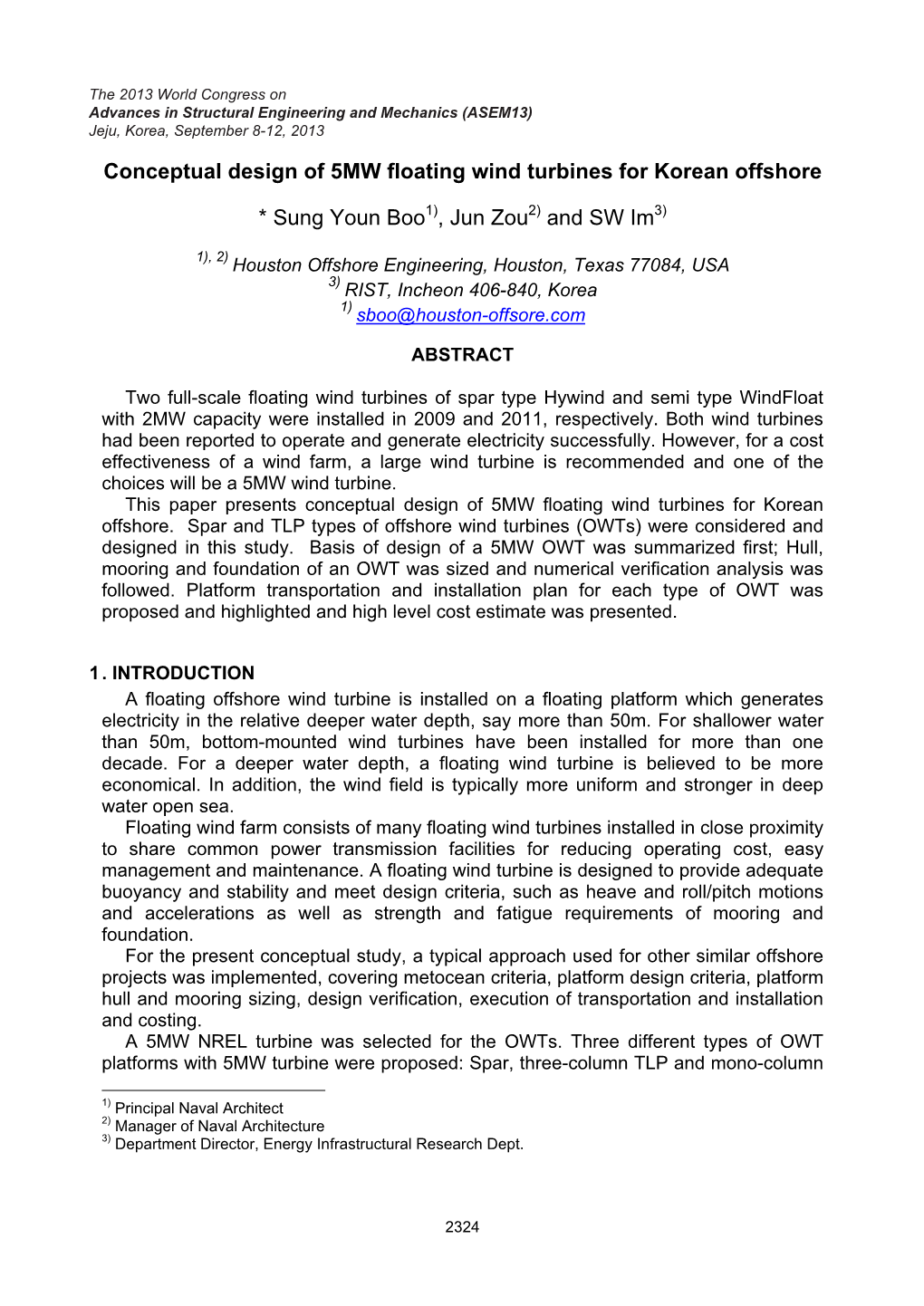 Conceptual Design of 5MW Floating Wind Turbines for Korean Offshore