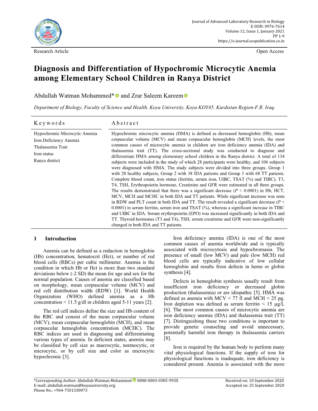 Diagnosis and Differentiation of Hypochromic Microcytic Anemia Among Elementary School Children in Ranya District