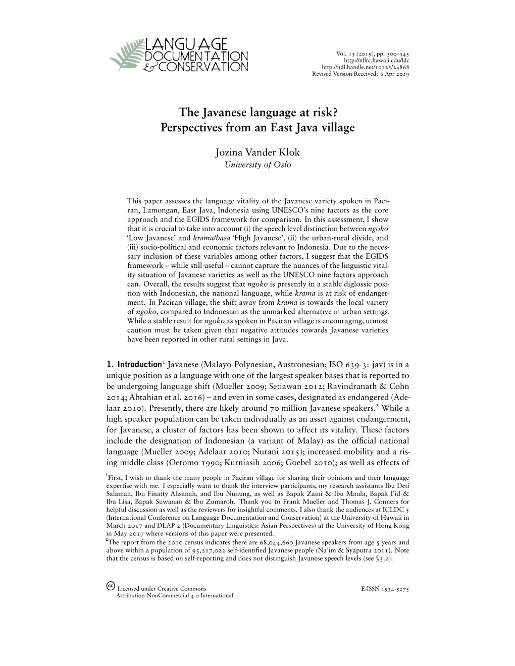 The Javanese Language at Risk? Perspectives from an East Java Village