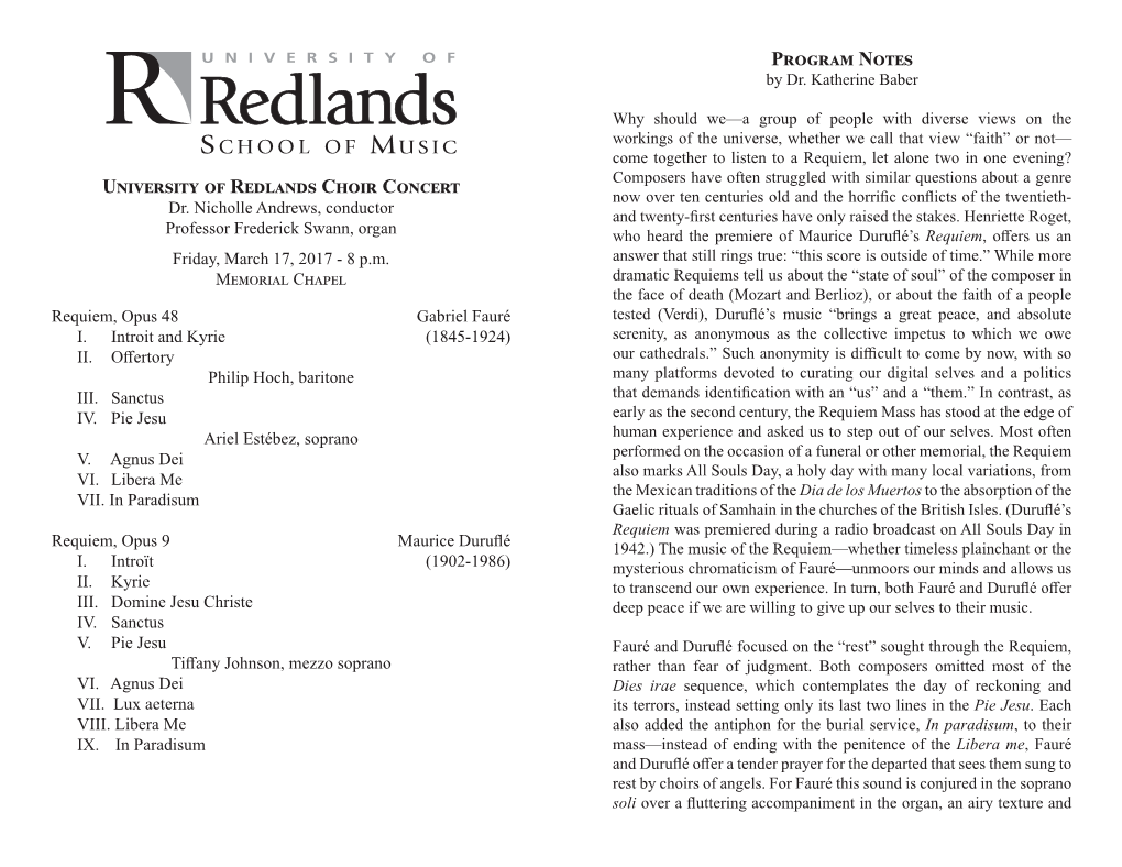 University of Redlands Choir Concert Program Notes