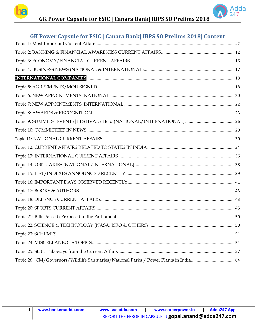 GK Power Capsule for ESIC | Canara Bank| IBPS SO Prelims 2018 GK Power Capsule for ESIC | Canara Bank| IBPS SO Prelims 2018|