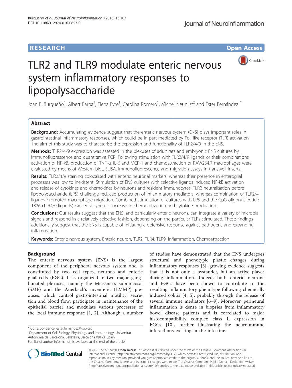 TLR2 and TLR9 Modulate Enteric Nervous System Inflammatory Responses to Lipopolysaccharide Joan F