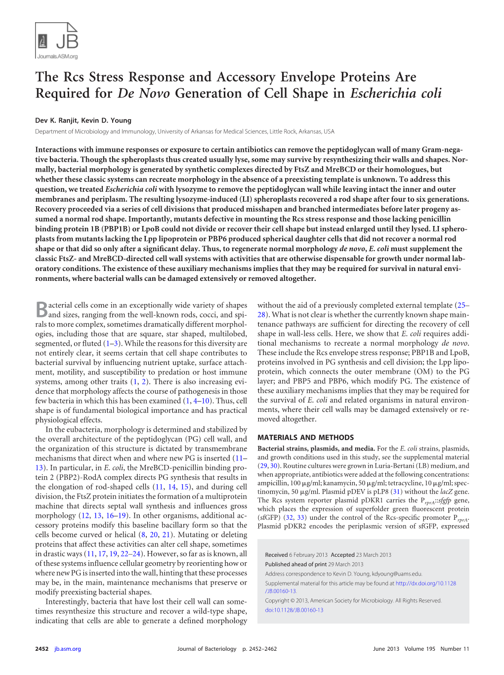 The Rcs Stress Response and Accessory Envelope Proteins Are Required for De Novo Generation of Cell Shape in Escherichia Coli