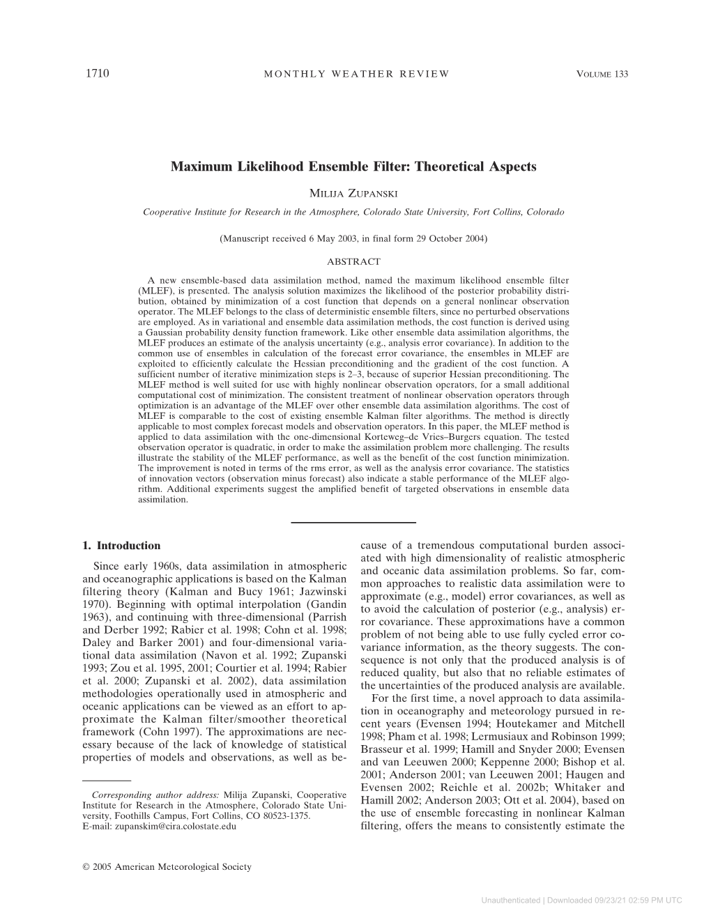 Maximum Likelihood Ensemble Filter: Theoretical Aspects