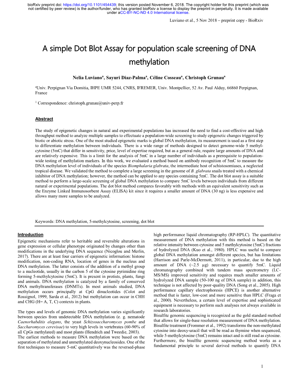 A Simple Dot Blot Assay for Population Scale Screening of DNA Methylation