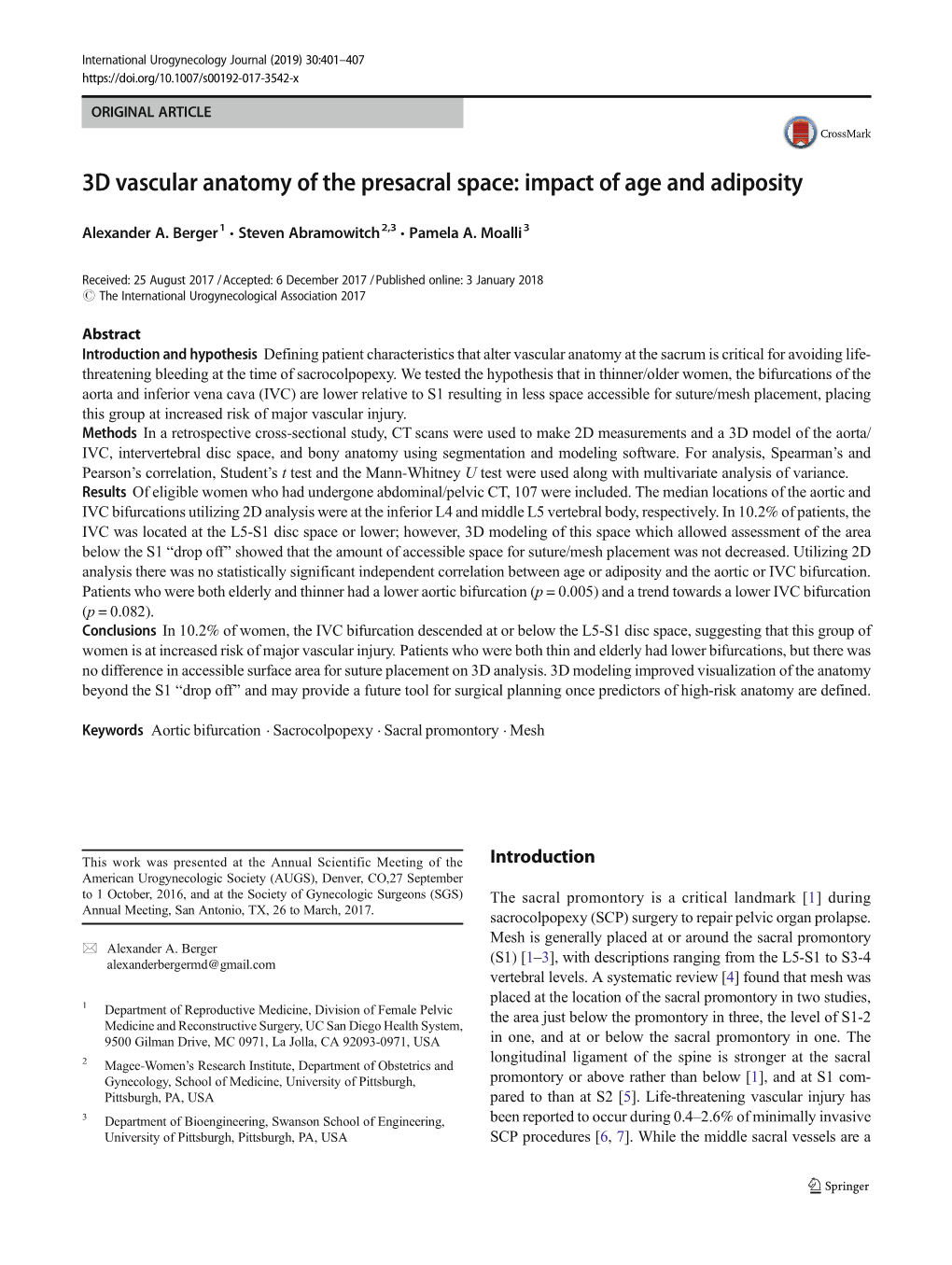 3D Vascular Anatomy of the Presacral Space: Impact of Age and Adiposity