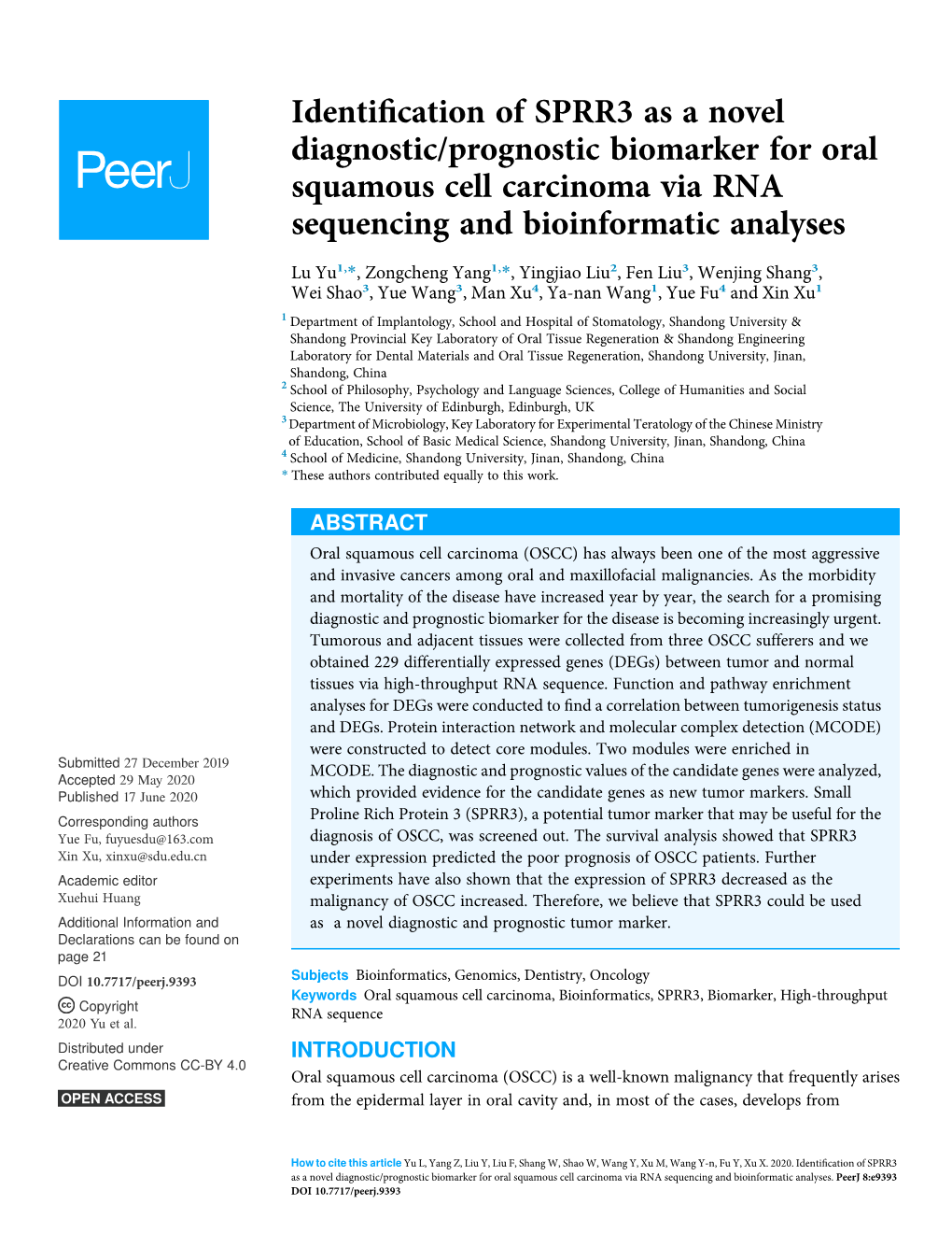 Identification of SPRR3 As a Novel Diagnostic/Prognostic Biomarker For