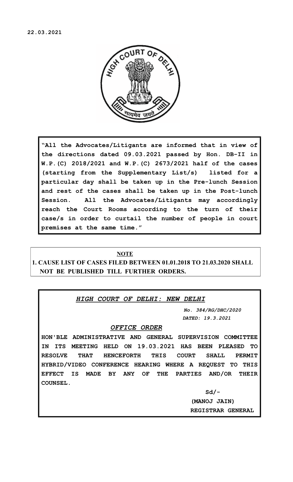 High Court of Delhi: New Delhi Office Order