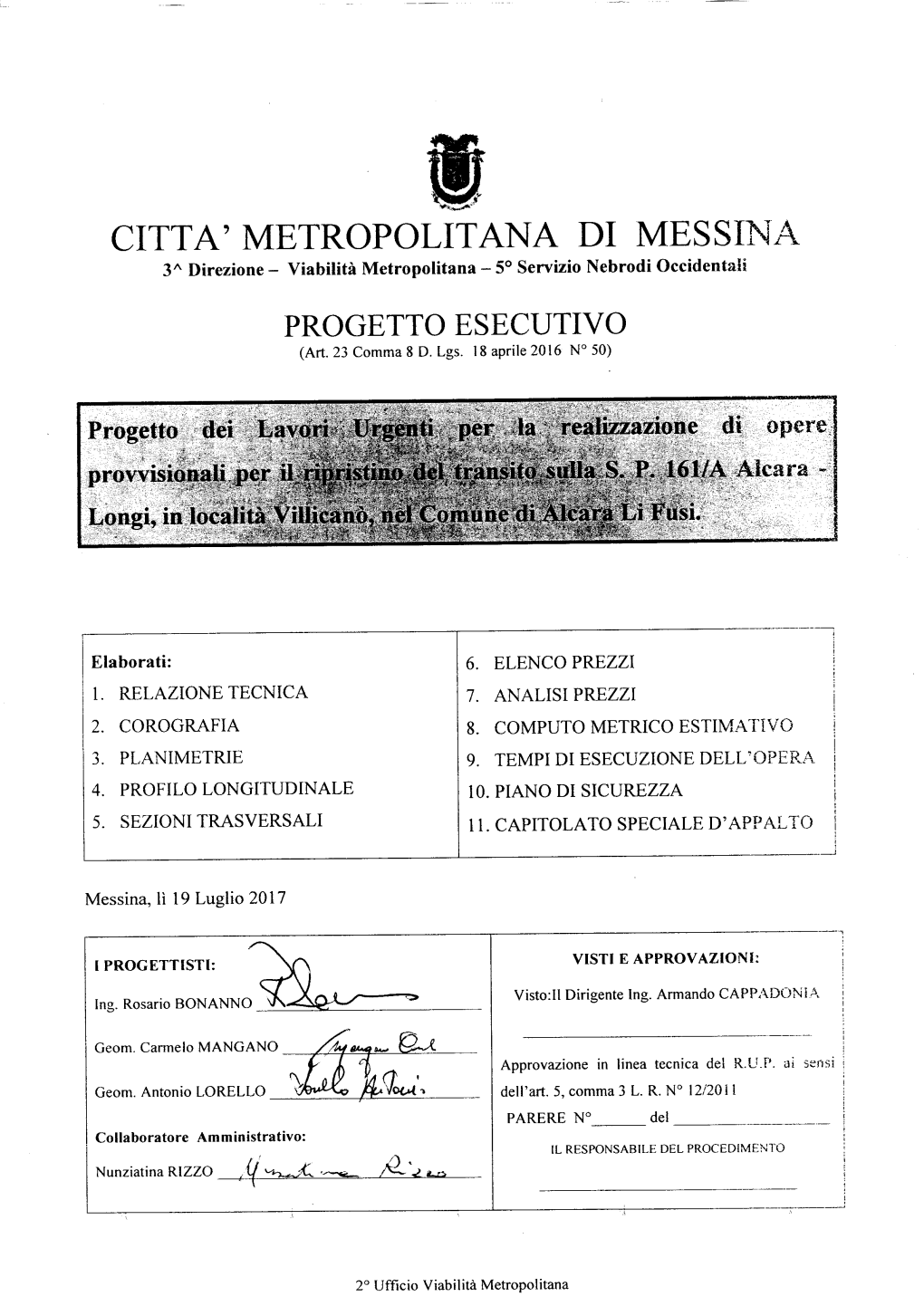 CITTA' METROPOLITANA DI MESSINA 3^ Direzione- Viabilità Metropolitana - 50 Servizionebrodi Occidentali