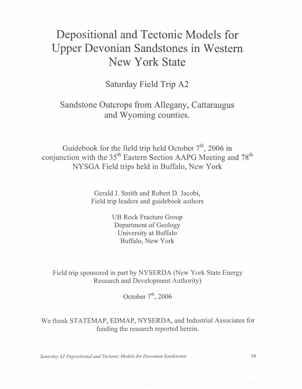 Depositional and Tectonic Models for Upper Devonian Sandstones in Western New York State