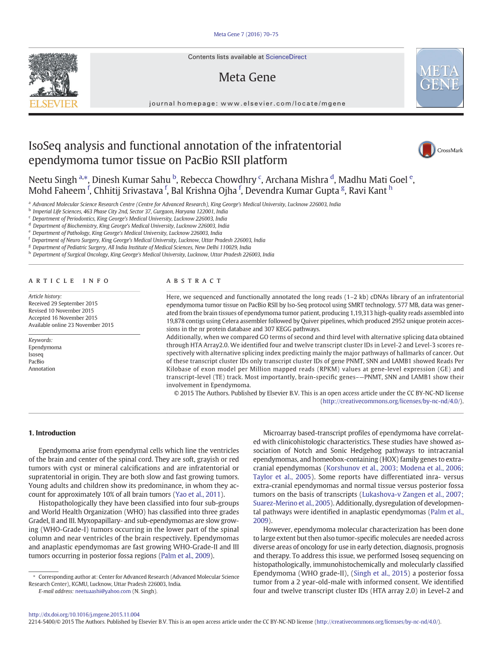 Isoseq Analysis and Functional Annotation of the Infratentorial Ependymoma Tumor Tissue on Pacbio RSII Platform