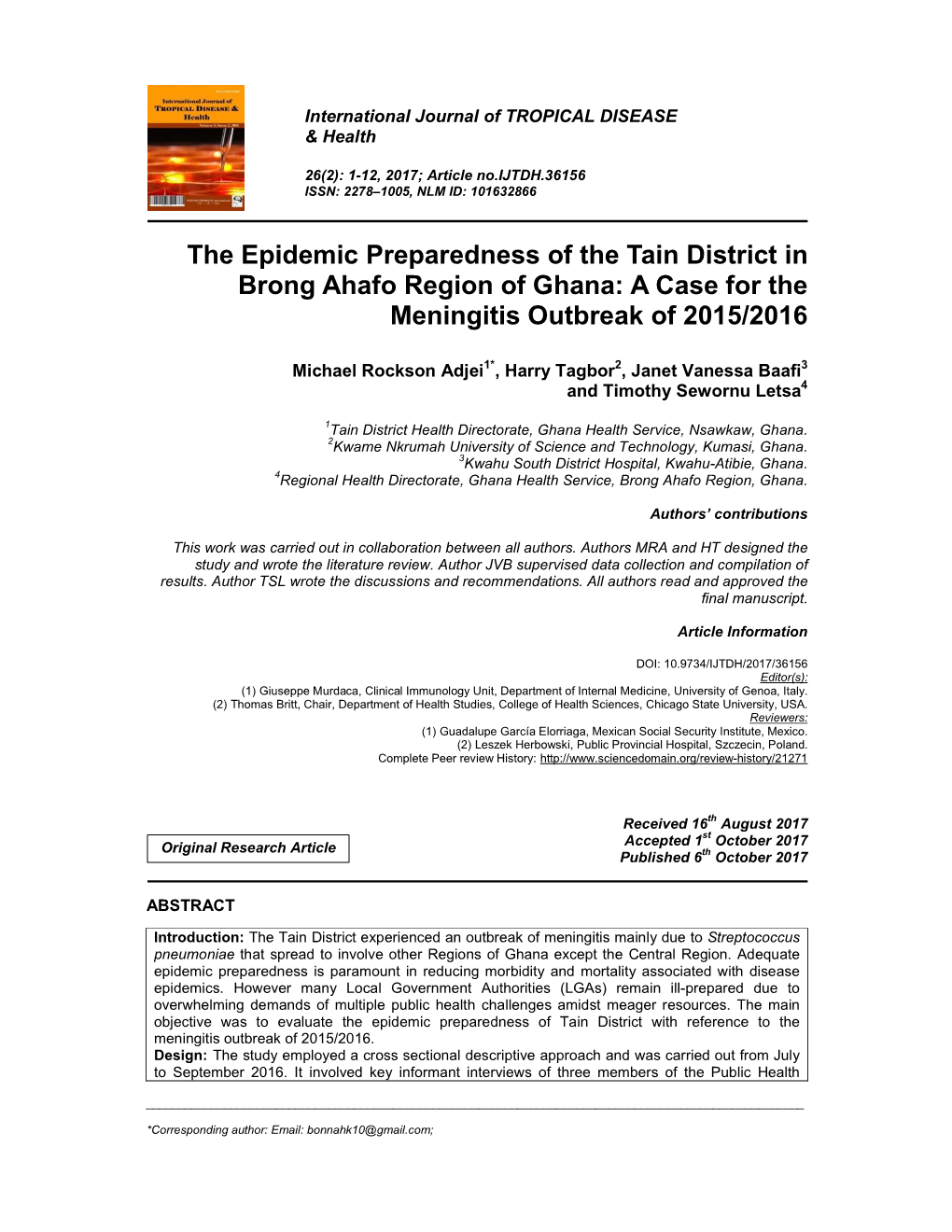 The Epidemic Preparedness of the Tain District in Brong Ahafo Region of Ghana: a Case for the Meningitis Outbreak of 2015/2016