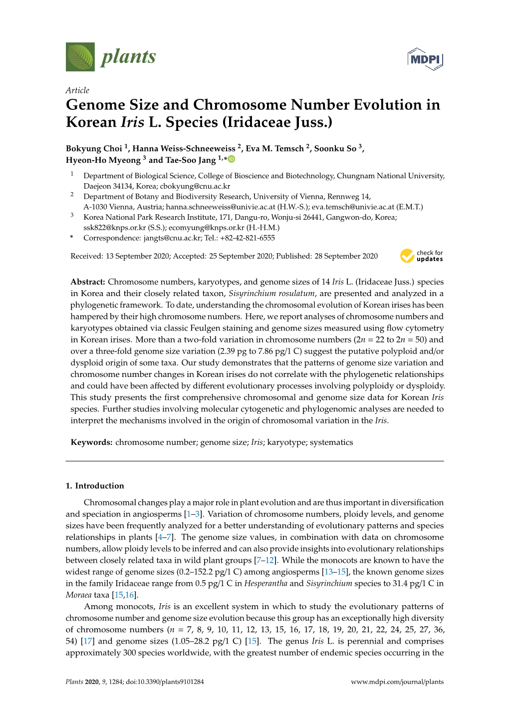 Genome Size and Chromosome Number Evolution in Korean Iris L. Species (Iridaceae Juss.)