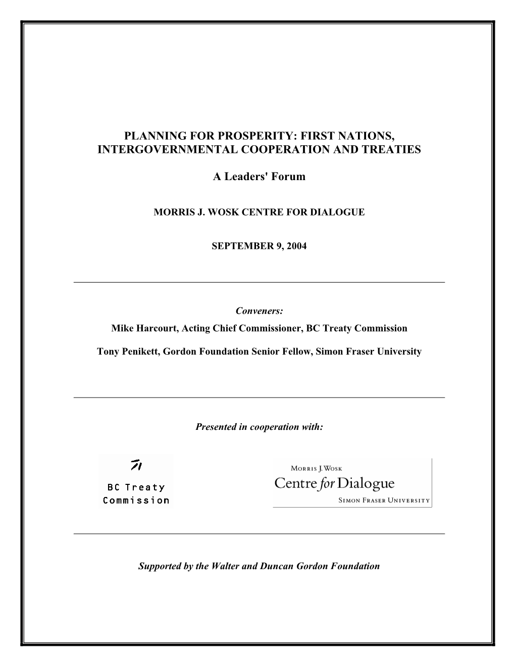 Planning for Prosperity: First Nations, Intergovernmental Cooperation and Treaties