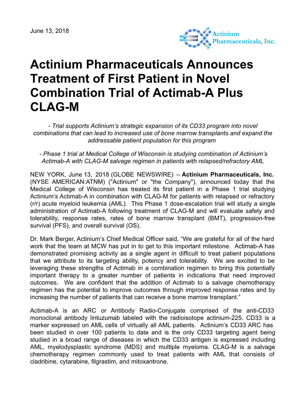 Actinium Pharmaceuticals Announces Treatment of First Patient in Novel Combination Trial of Actimab-A Plus CLAG-M