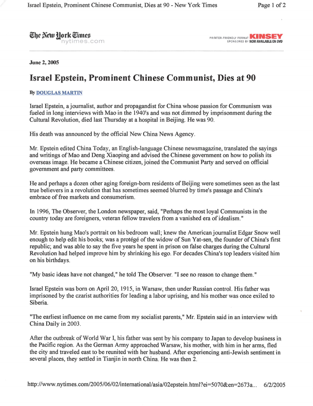 Israel Epstein, Prominent Chinese Communist, Dies at 90 - New York Times Page 1 Of2