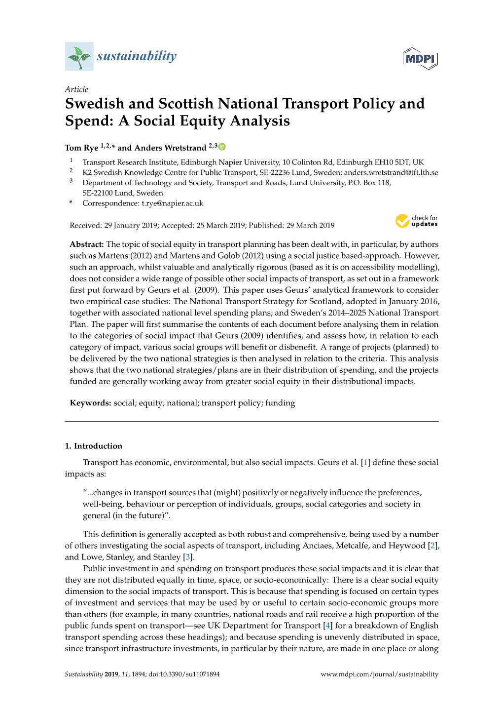 Swedish and Scottish National Transport Policy and Spend: a Social Equity Analysis
