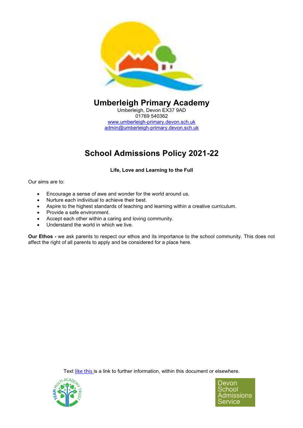 Umberleigh Admissions Arrangements 2021-22 PDF File