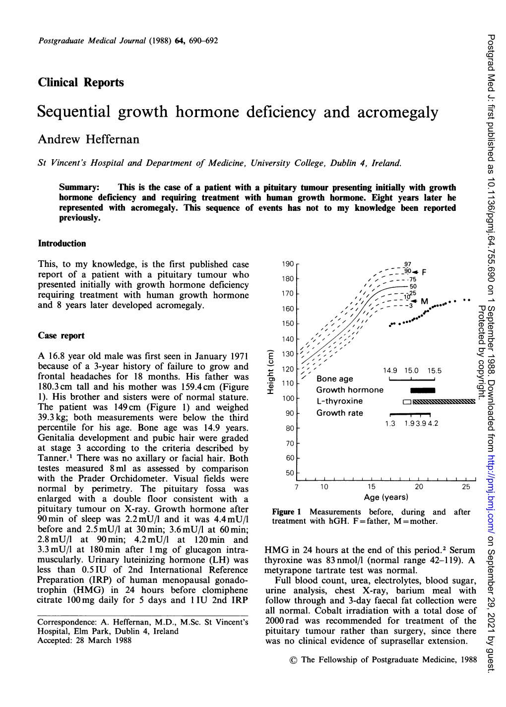 Sequential Growth Hormone Deficiency and Acromegaly Andrew Heffernan St Vincent's Hospital and Department of Medicine, University College, Dublin 4, Ireland