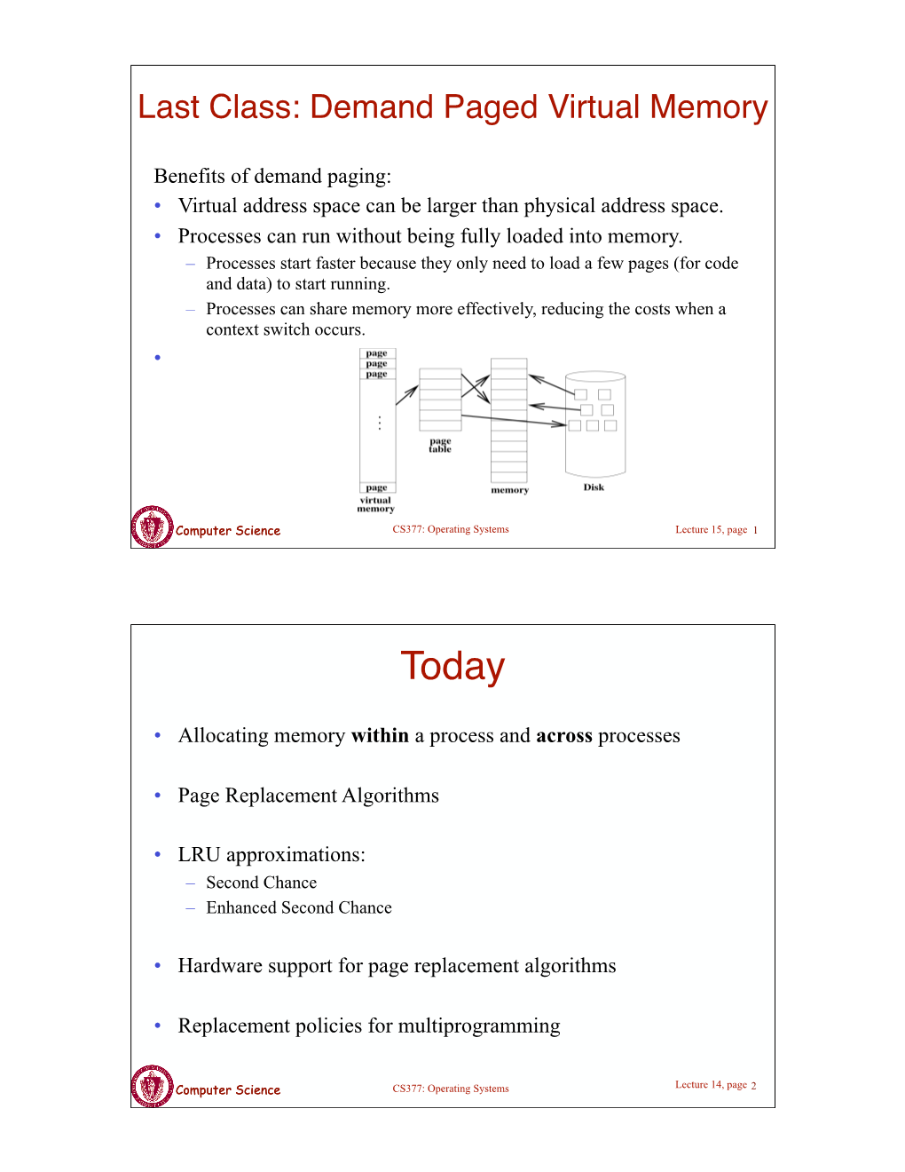 Last Class: Demand Paged Virtual Memory