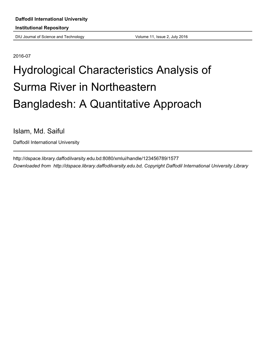 Hydrological Characteristics Analysis of Surma River in Northeastern Bangladesh: a Quantitative Approach