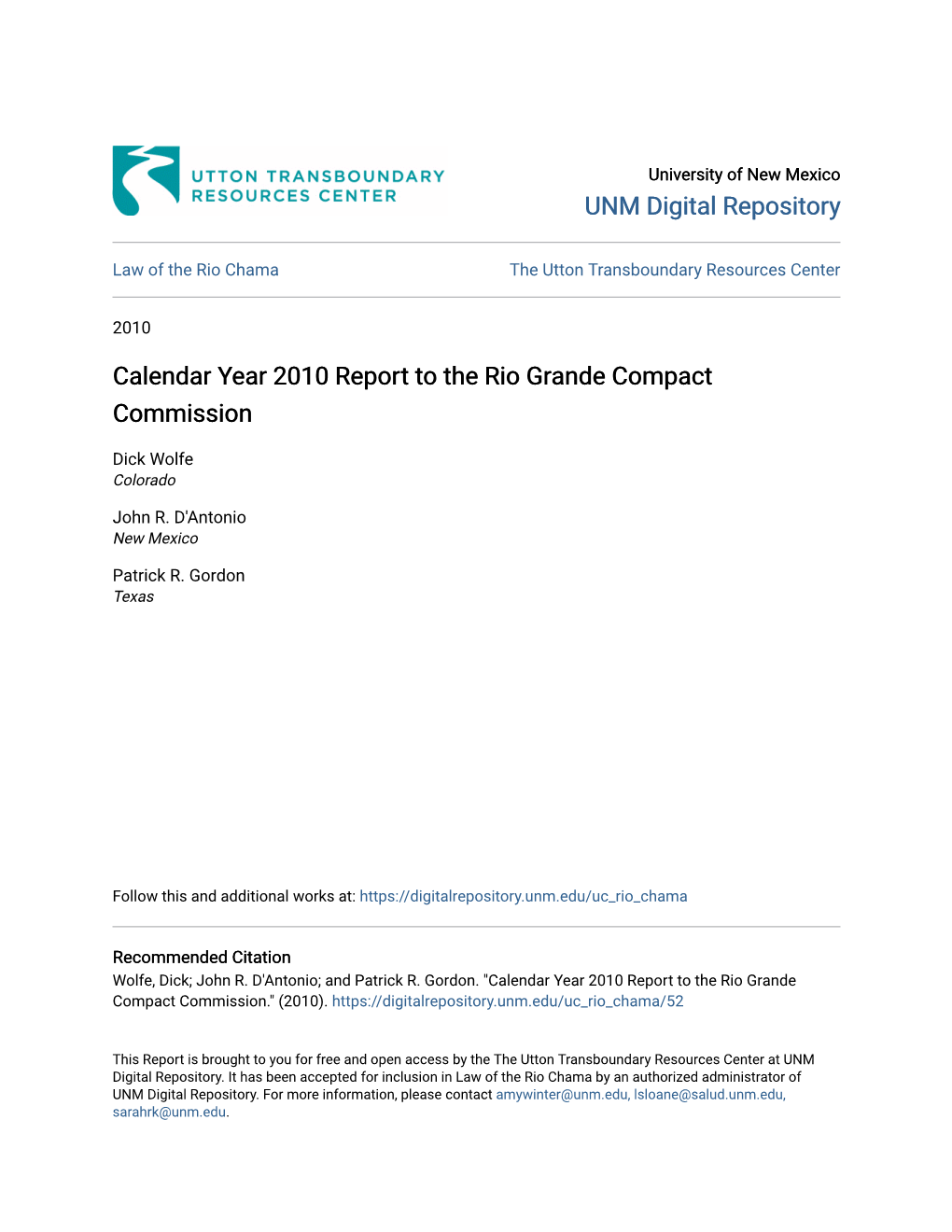 Calendar Year 2010 Report to the Rio Grande Compact Commission