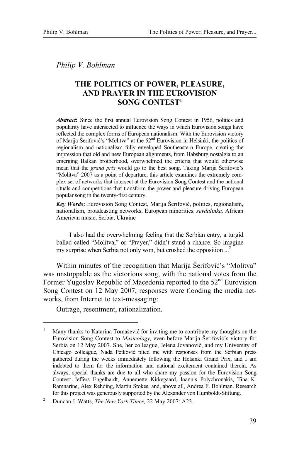 Philip V. Bohlman the POLITICS of POWER, PLEASURE, and PRAYER in the EUROVISION SONG CONTEST1