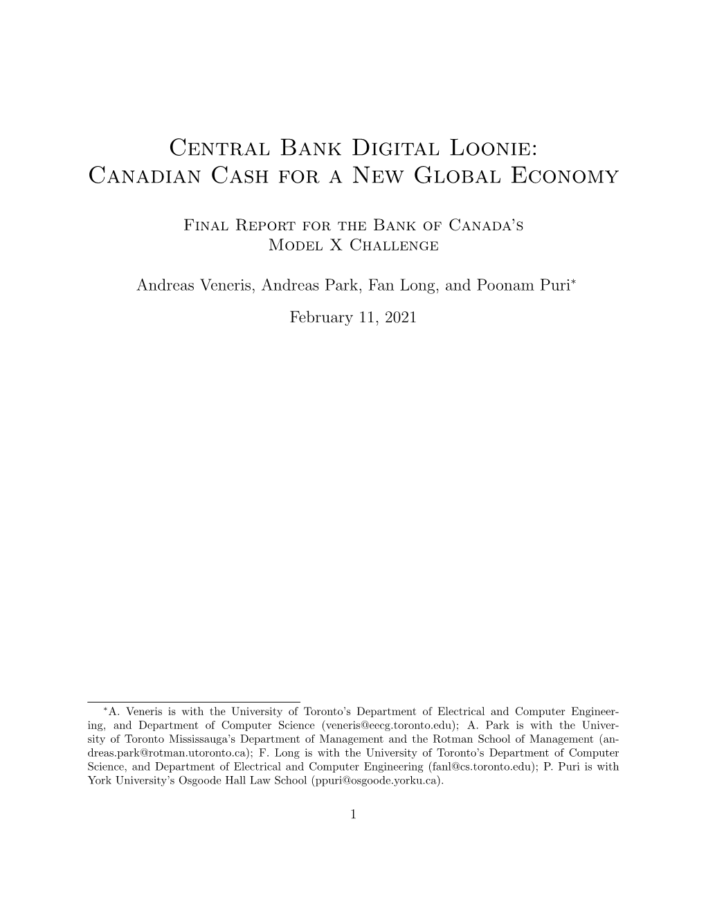 Central Bank Digital Loonie: Canadian Cash for a New Global Economy