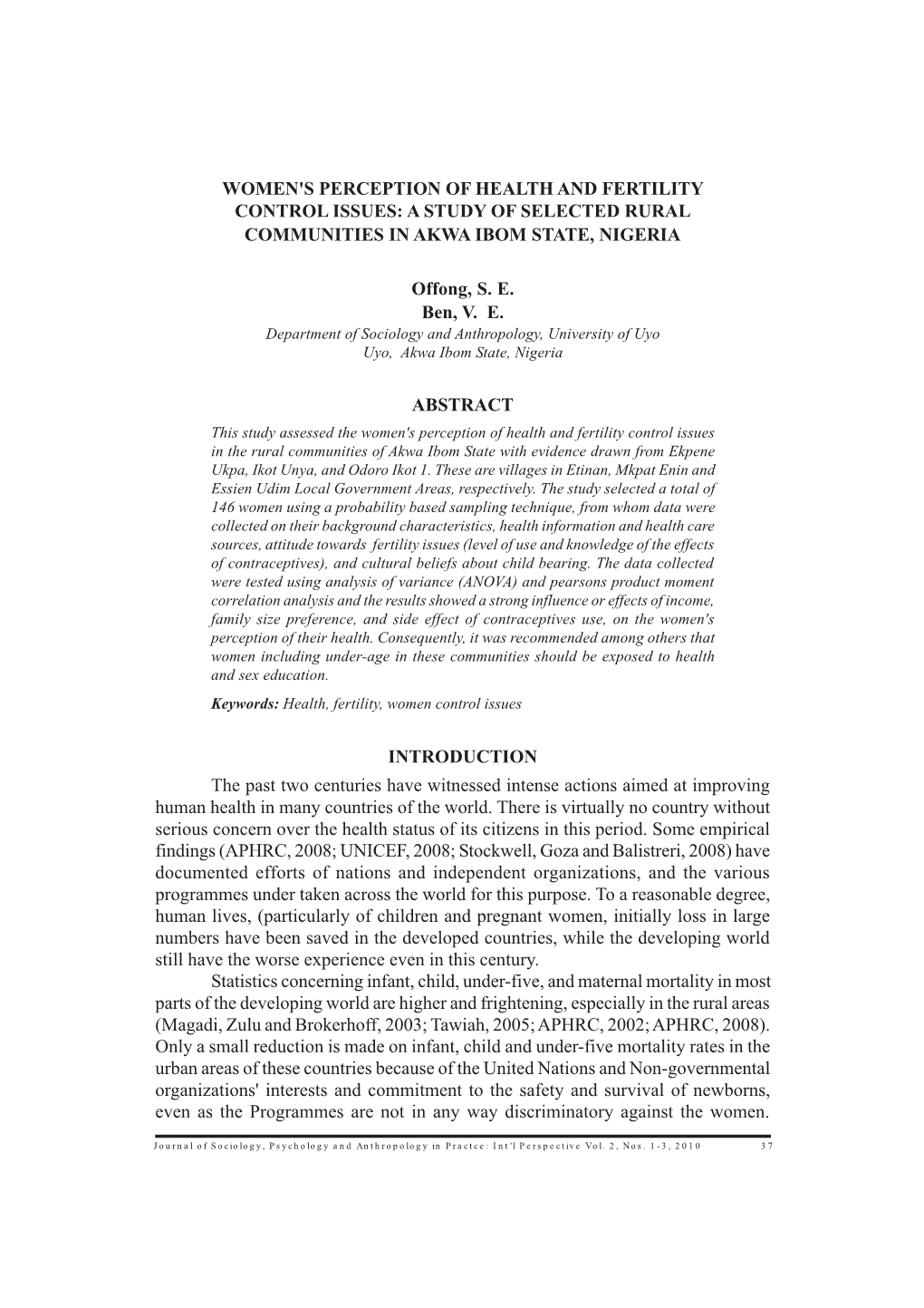 Women's Perception of Health and Fertility Control Issues: a Study of Selected Rural Communities in Akwa Ibom State, Nigeria