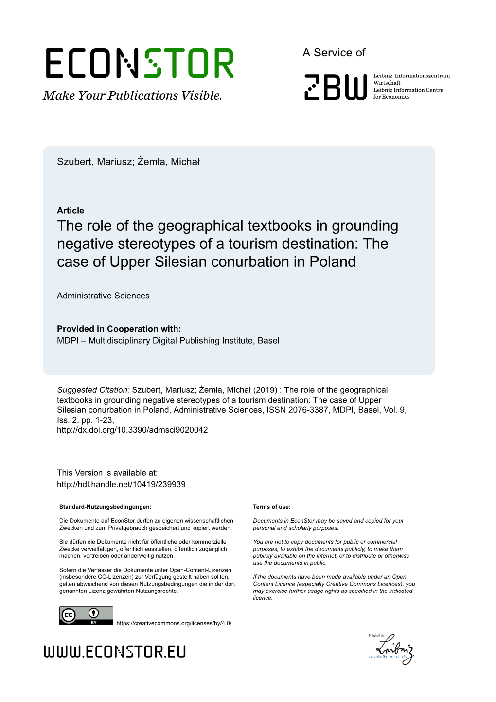 The Role of the Geographical Textbooks in Grounding Negative Stereotypes of a Tourism Destination: the Case of Upper Silesian Conurbation in Poland