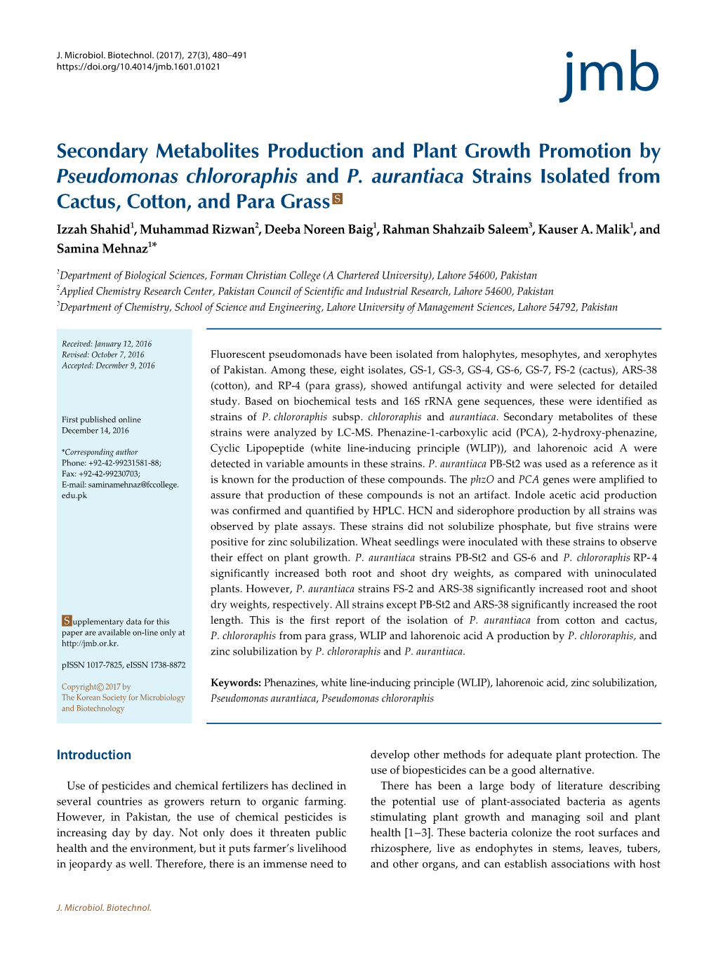 Secondary Metabolites Production and Plant Growth Promotion by Pseudomonas Chlororaphis and P