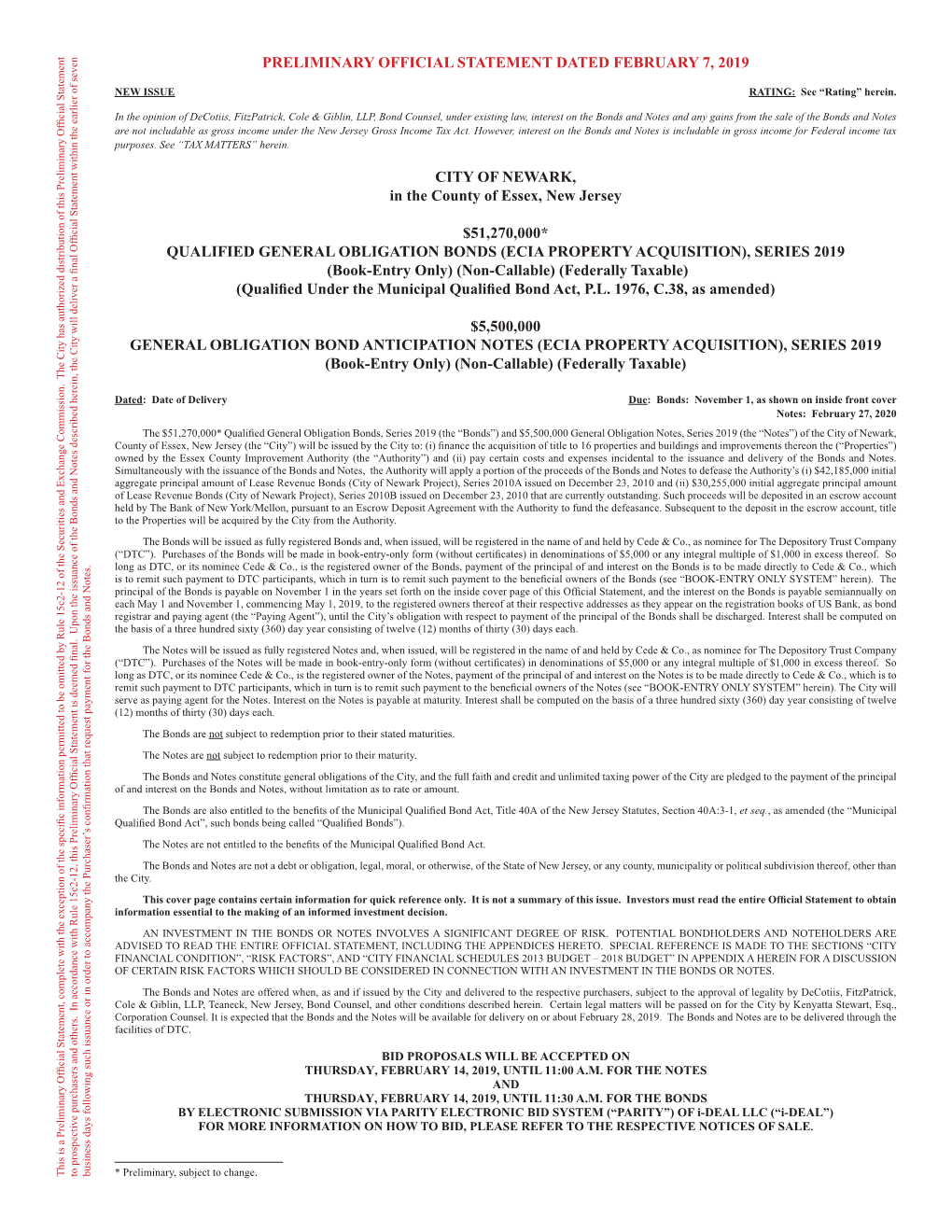 PRELIMINARY OFFICIAL STATEMENT DATED FEBRUARY 7, 2019 CITY of NEWARK, in the County of Essex, New Jersey $51,270,000* QUALIFIED