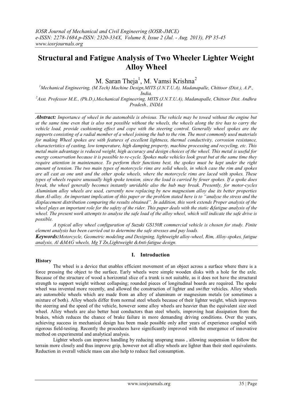 Structural and Fatigue Analysis of Two Wheeler Lighter Weight Alloy Wheel