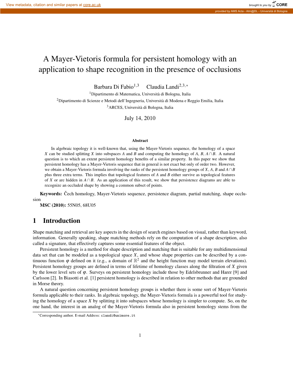 A Mayer-Vietoris Formula for Persistent Homology with an Application to Shape Recognition in the Presence of Occlusions