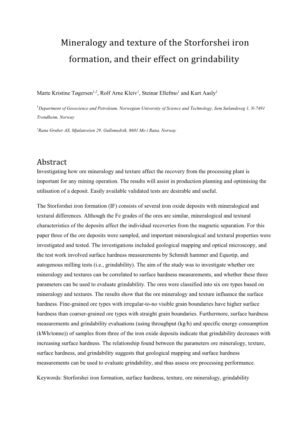 Mineralogy and Texture of the Storforshei Iron Formation, and Their Effect on Grindability