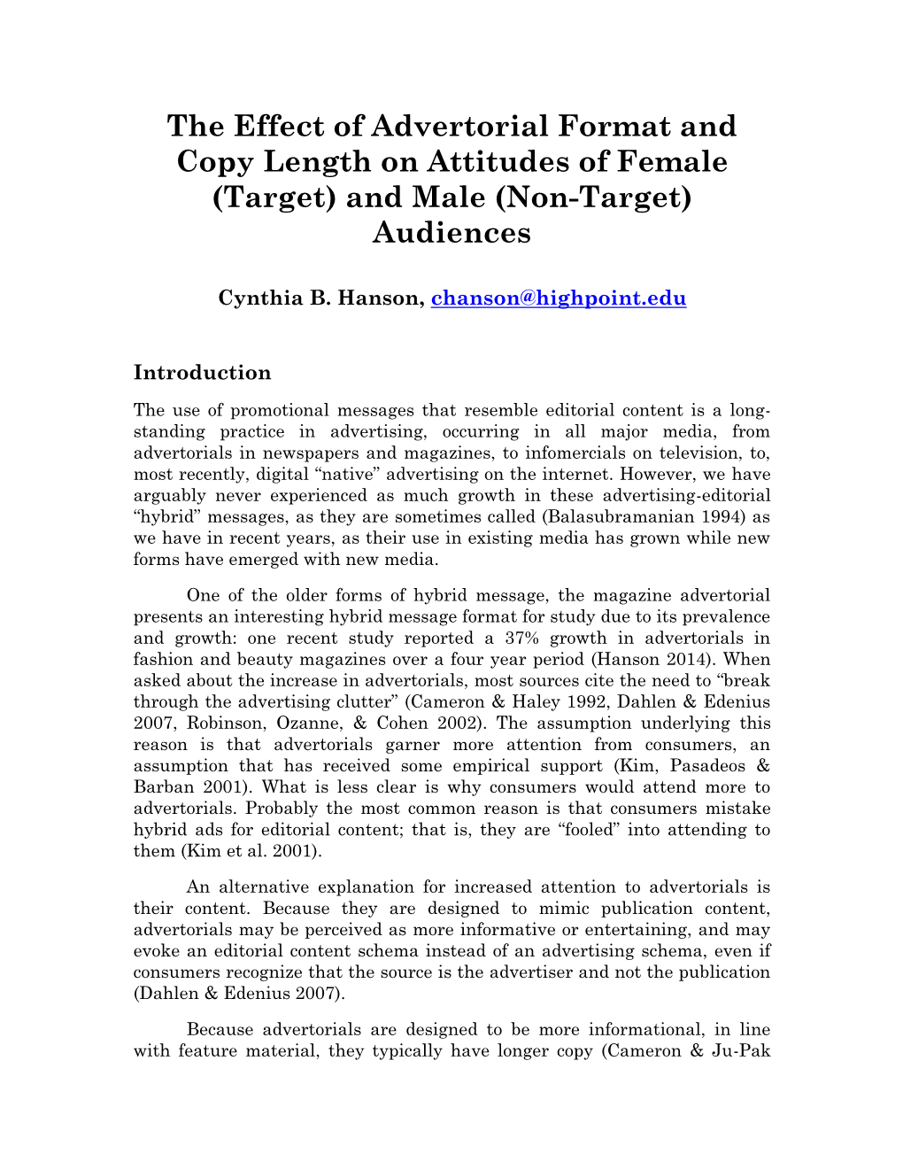 The Effect of Advertorial Format and Copy Length on Attitudes of Female (Target) and Male (Non-Target) Audiences