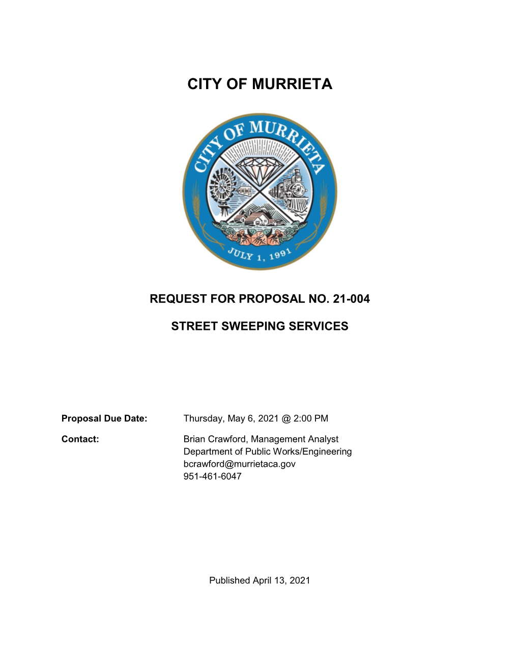 City of Murrieta Street Sweeping RFP No. 21-004 April2021