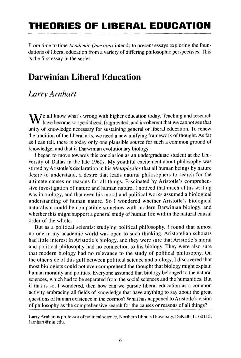 Darwinian Liberal Education Larry a Rnhart