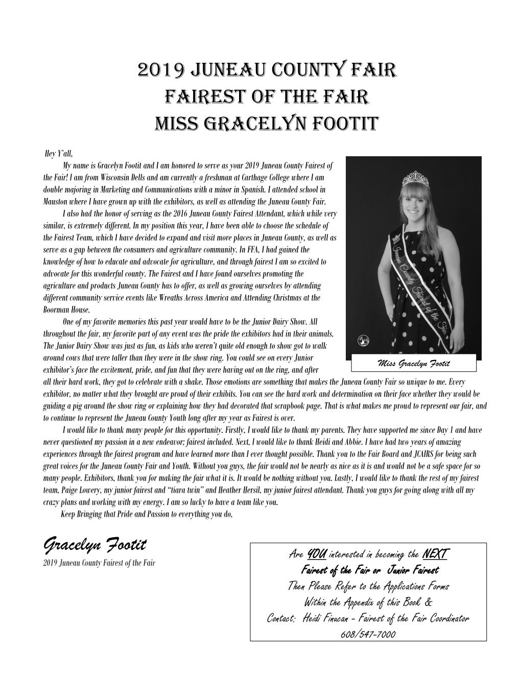 2019 JUNEAU COUNTY FAIR Fairest of the Fair Miss Gracelyn Footit