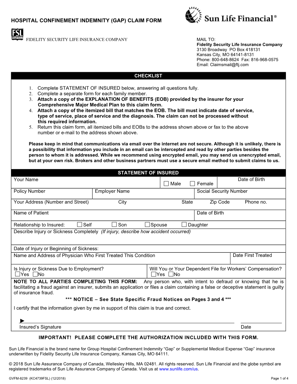 Hospital Confinement Indemnity (Gap) Claim Form