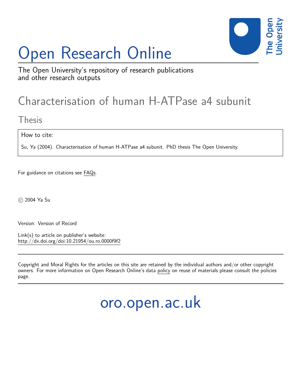 CHARACTERISATION of the HUMAN H^Atpase