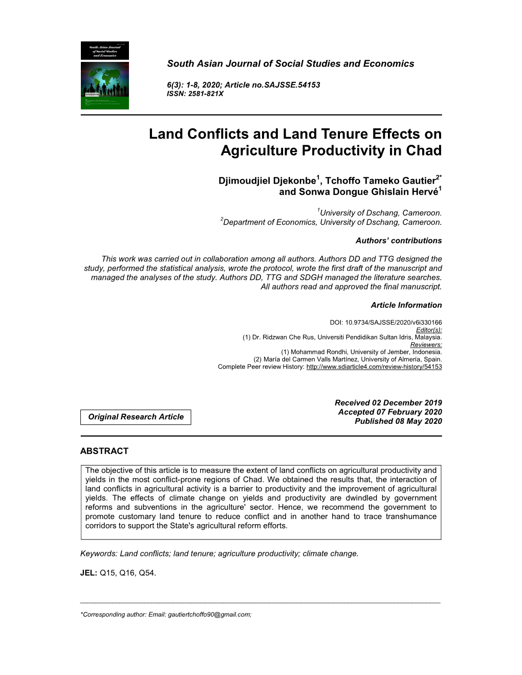 Land Conflicts and Land Tenure Effects on Agriculture Productivity in Chad
