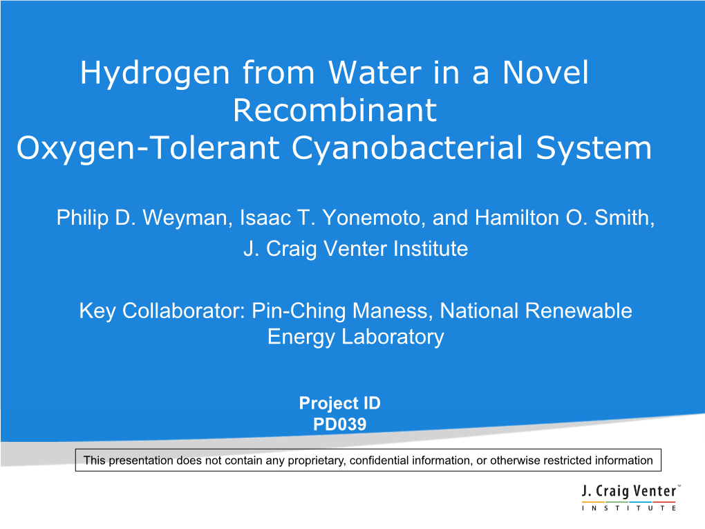 Hydrogen from Water in a Novel Recombinant Oxygen-Tolerant Cyanobacterial System