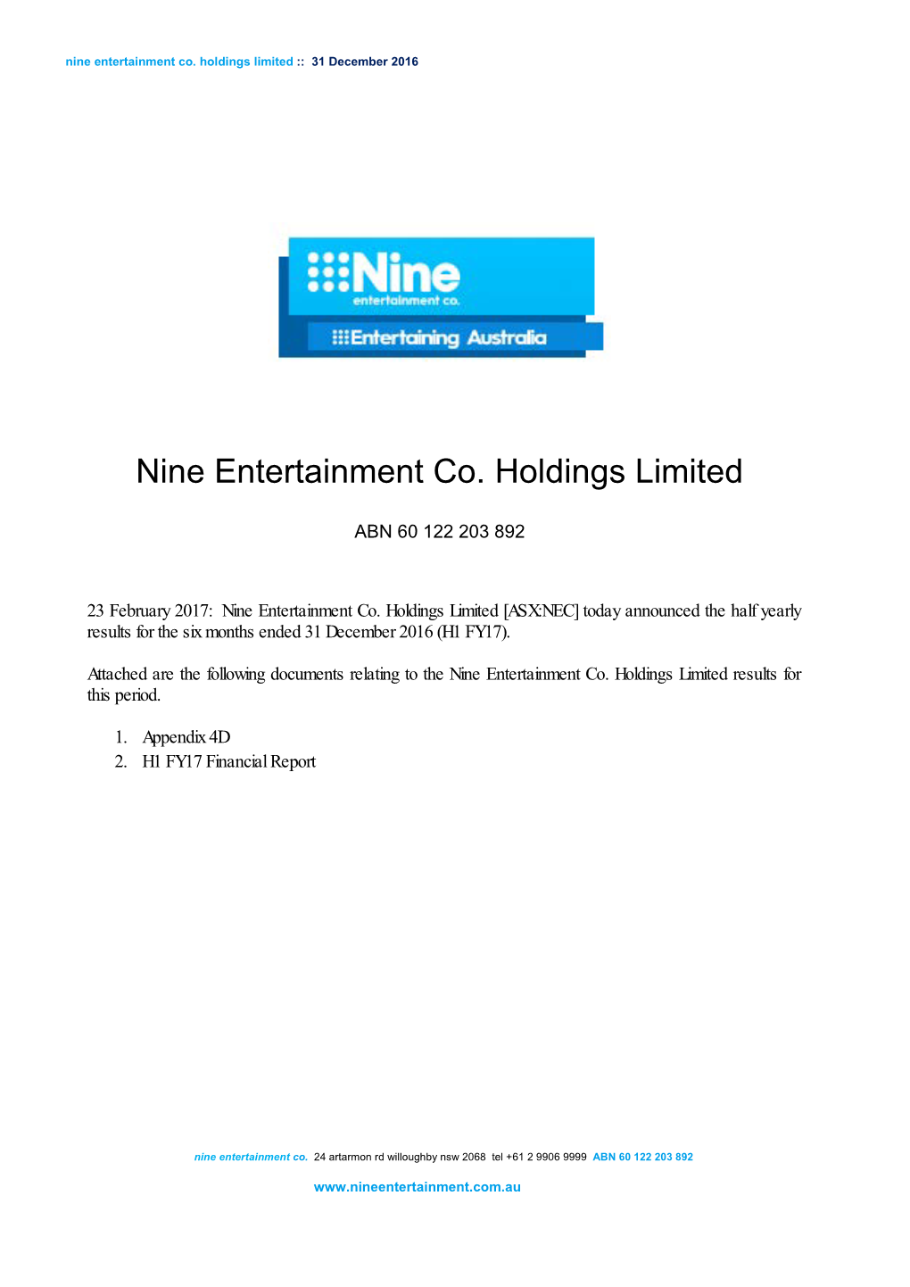Nine Entertainment Co. Holdings Limited :: 31 December 2016