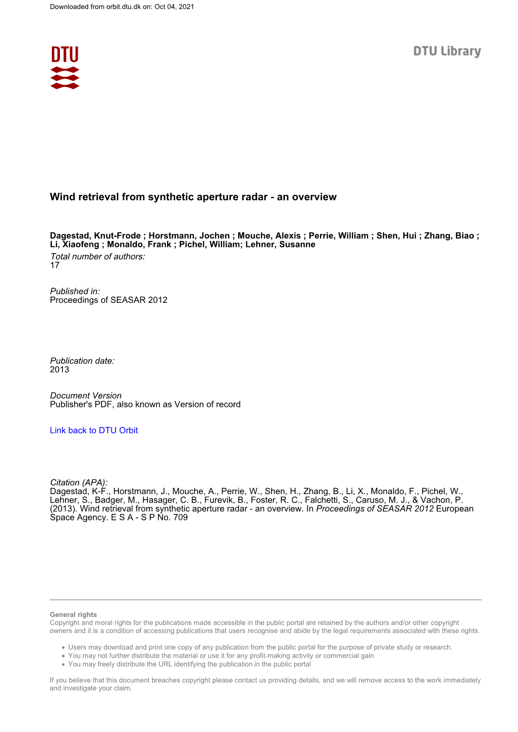 Wind Retrieval from Synthetic Aperture Radar - an Overview