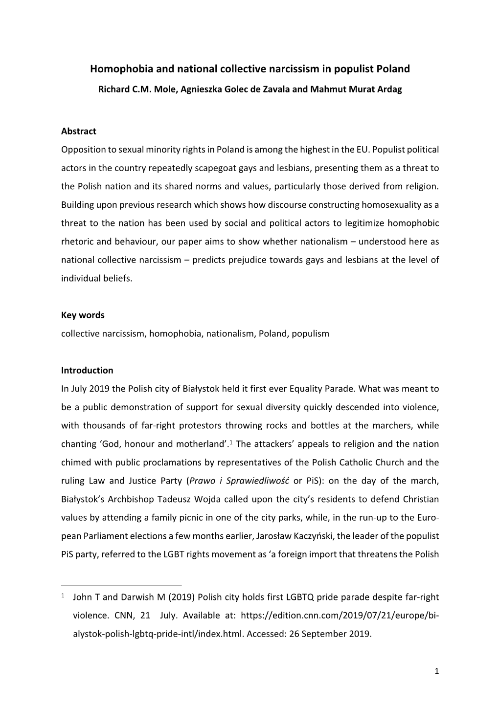 Homophobia and National Collective Narcissism in Populist Poland Richard C.M